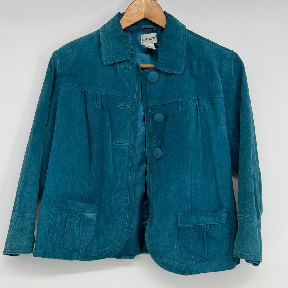 Chico's Teal Suede Leather Jacket Blazer Womens Size 0 Small